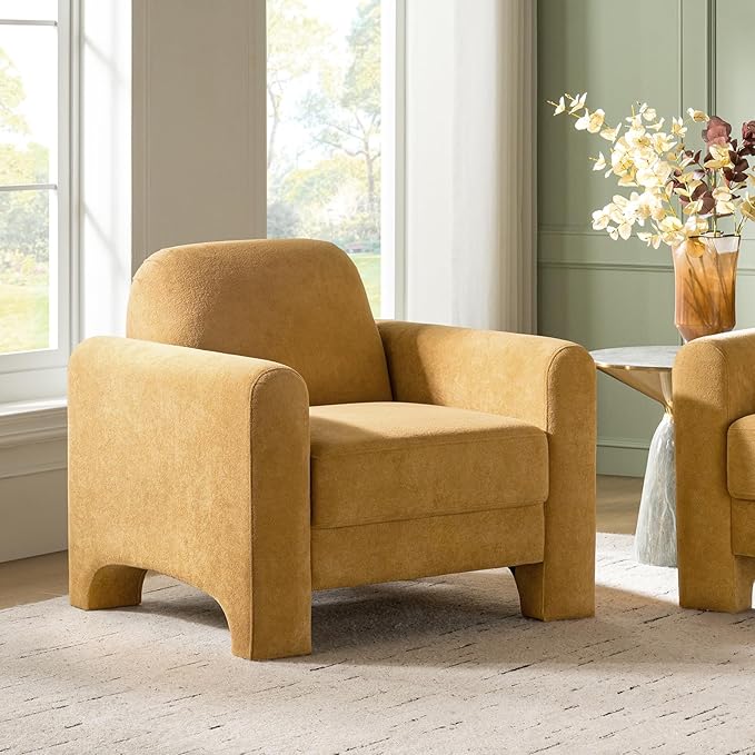 HULALA HOME Modern Curved Accent Club Chair Chenille Armchair Upholstered Sofa Chair with Wrapped Armrests Comfy Reading Armchair for Living Room Easy Assembly Camel