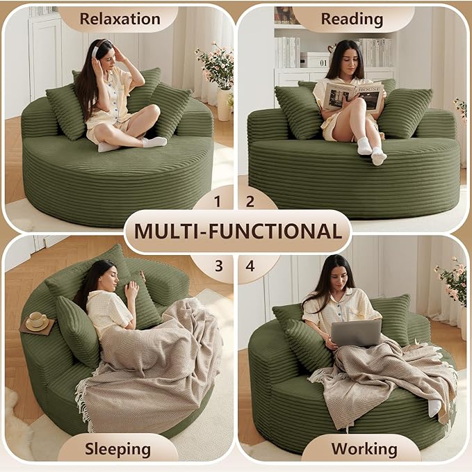 Oversized Round Chair Lounge Chaise Indoor Upholstered Corduroy Deep Seat Cloud Large Circle Sofa Chair No Assembly Required Fluffy Modern Sleeper Sofa Bed for Reading Living Room Light Green