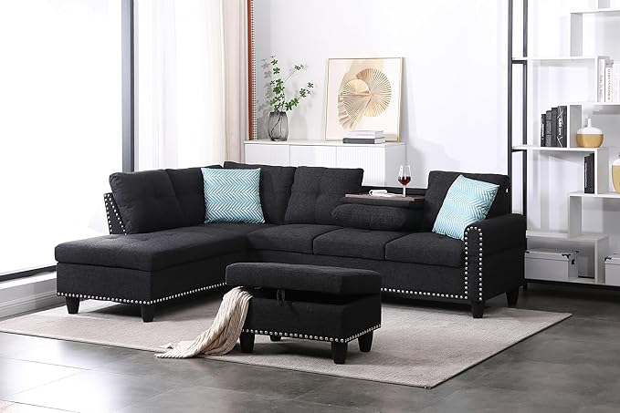 98 Left Hand Facing Sofa with Ottoman and Manufactured Wood FrameL-Shaped Design Sectional Chaise W/Rounded Arms &amp Nailhead Trimfor DormApartmentStudioOfficeCharcoal Grey