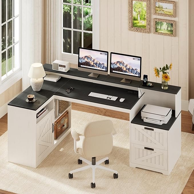 TVU Farmhouse L Shaped Desk with Drawers 62.2 Home Office Desk with Storage Shelves and Power Outlet L Shaped Computer Desk with Monitor Stand and Printer Shelf Black and White