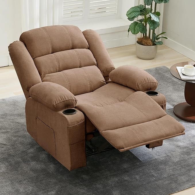 Large Recliner Chair for Adults Manual Pull Tab Reclining Chair with Cup Holders 3-Position Recliner Sofa for Living Room Overstuffed Single Sofa Chair Supports 350 Lbs