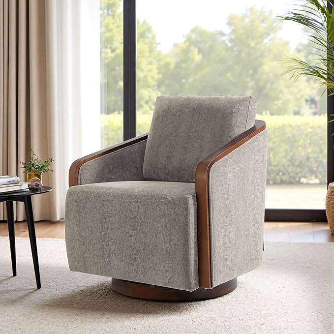 Swivel Barrel Accent Chair Mid Century Modern Arm Chair for Living Room Bedroom Comfy Club Reading Lounge Sofa Corner Chairs for Adults(Chenille Light Brown Set of 1)