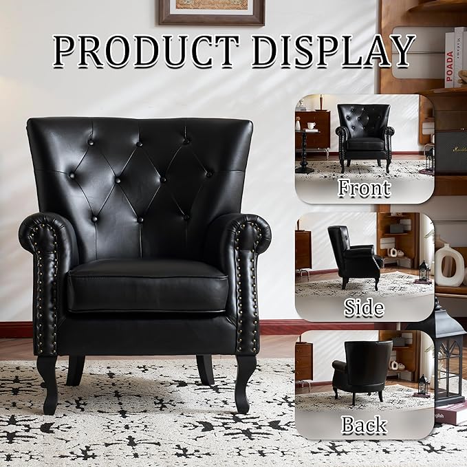 Modern Faux Leather Accent Chair Upholstered Mid-Century Armchair with Solid Wood Legs Single Sofa Chair for Living Room Bedroom or Reading Room（Black）