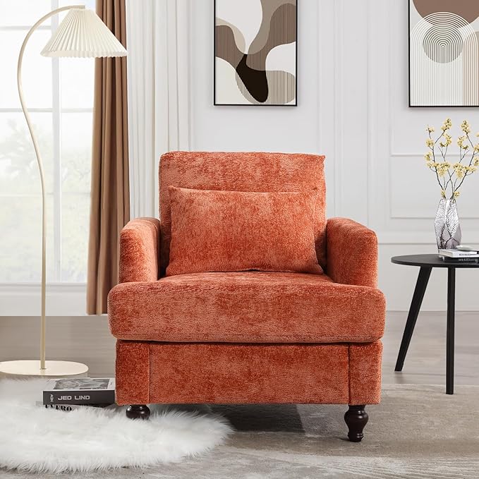 KINFFICT Modern Accent Chair for Living Room Upholstered Single Sofa Chair with Lumbar Pillow Comfy Armchair with Thickened Cushion Living Room Chairs for Bedroom Office Orange Chenille