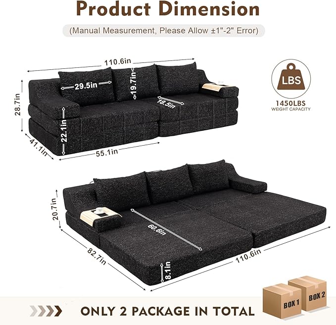MEISSALIVVE Pull Out Sofa Bed Queen Size Sleeper Sofa Bed with Wide Armrest &amp Thick Cushion 2-in-1 Convertible Couch for Living Room No Assembly Required (Black)