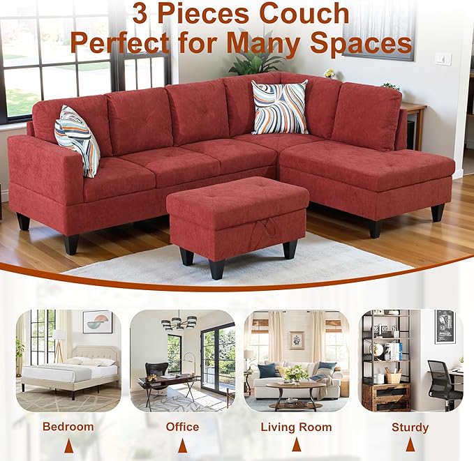 L Shaped Couch Sectional Couch Upholstered Flannelette 3 Pieces Sofas for Living Room with Chaise Ottoman with Storage for Office and Small Apartment Red
