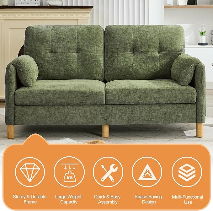 65 Chenille Modern Loveseat Sofa Upholstered 2-Seater Love Seat Couch with Armrest Pillows Storage Pockets Easy Assembly Tufted Loveseat Couches for Living Room Bedroom Green