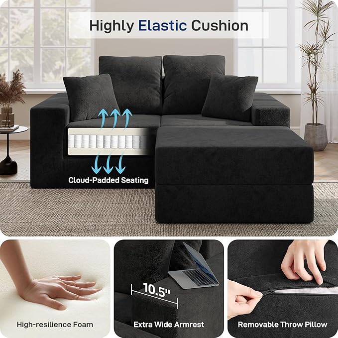 Cloud Modular Sectional Sofa Comfy Boneless Couch for Living Room Modern L-Shaped Couch with Reversible Chaise Customizable Sleeper Sofa with Non Slip No Assembly &amp Deep Seat Black