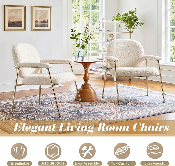 Accent Chair Set of 2 Sherpa Upholstered Armchair Reading Side Chair Comfy Living Room Chair with Gold Metal Legs for Bedroom Waiting Room Beige
