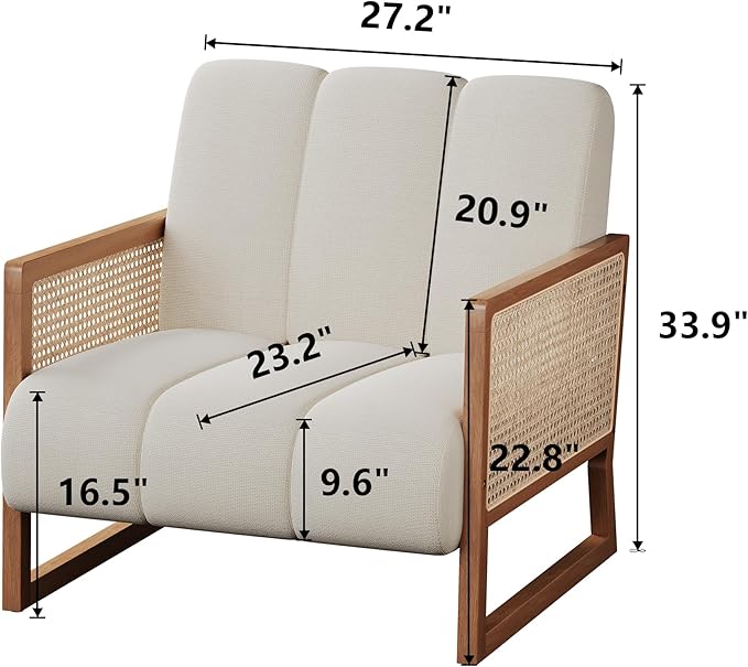 WENTMENT Rattan Accent Chair Armchair with Natural Rattan Armrest and Wood Frame Upholstered Living Room Chair Line Sofa Chair for Reception Room/Hosting Room/Bedroom(White)