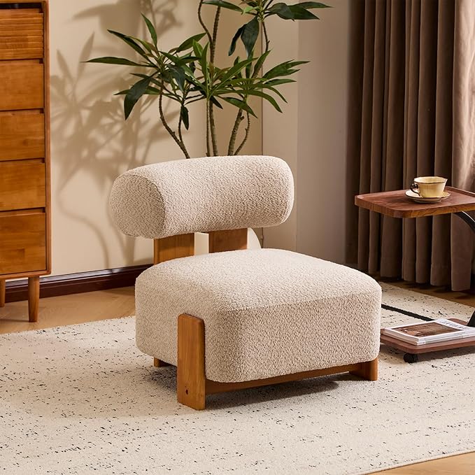 Modern Sherpa Accent Chair Upholstered Armless Slipper Chair Cute Furry Chairs with Curved Backrest and Solid Wooden Legs Side Chairs for Living Room Bedroom Reading Room (Boucle Almond)