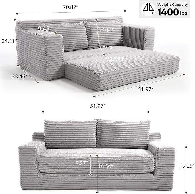 2-in-1 Loveseat Sofa with Pull-Out Bed 70.87 Sleeper Sofa with Comfy Cushions Corduroy Upholstered 2-Seater Cloud Sofa for Living Room Apartment and Small Spaces No Assembly (Light Grey)