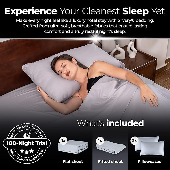 Silvery Silver Infused Bed Sheets Set - Ultra-Soft Temperature-Regulating Fabric with Self-Cleaning Technology™ That Stays Fresh 3X Longer for Hygienic Sleep (Gray California King)