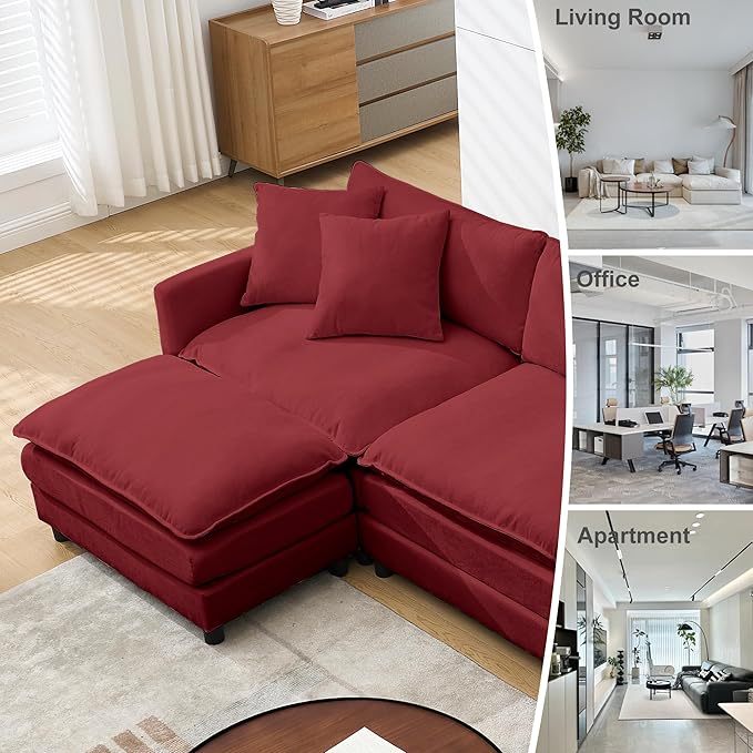 Modular Sectional Sofa143.31'' Modern Sofa Sleeper CouchComfy Cloud Couches with 4 Seat &amp 2 Ottoman &amp 4 Pillows Sofa SetDeep Seat Sofa with Movable Ottoman for Living RoomChenille (Red U