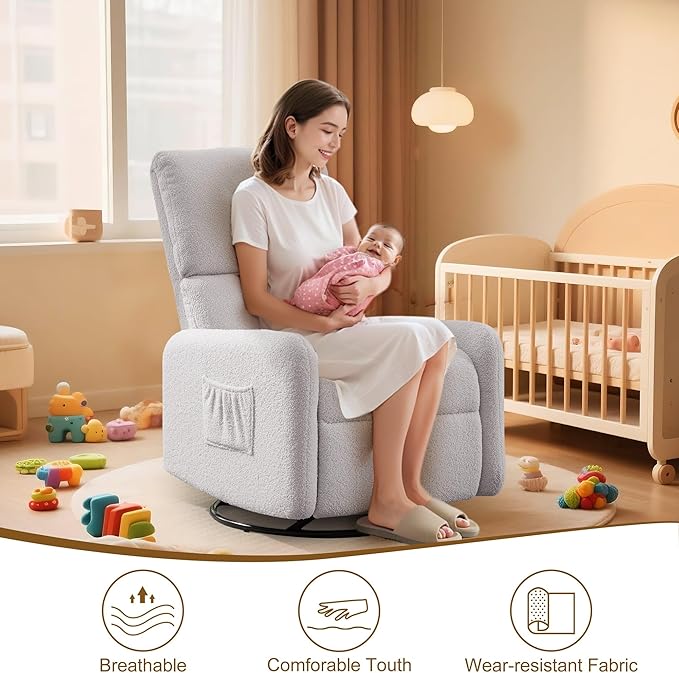 360° Rocking Chair Nursery Rocker Chair with Side Pockets Glider Nursing Chair with Steel Structure Base Small Chair for Small Spaces Sherpa Swivel Accent Chairs for Living Room Nursing