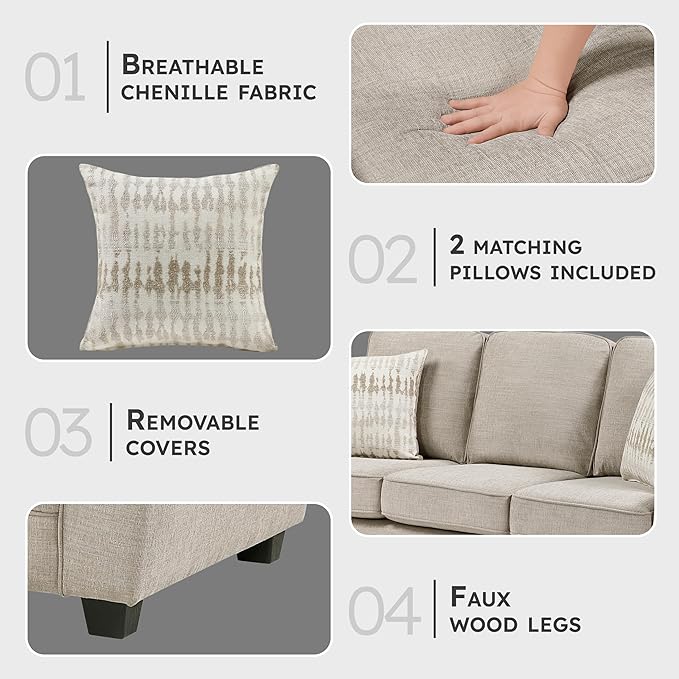 Lexicon Chenille Fabric Upholstered Sofa with 2 Pillows with Track Arms Reversible Back and Seat Cushions Removable Cushion Covers Comfy Couch for Living Room/Office/Waiting Room Taupe