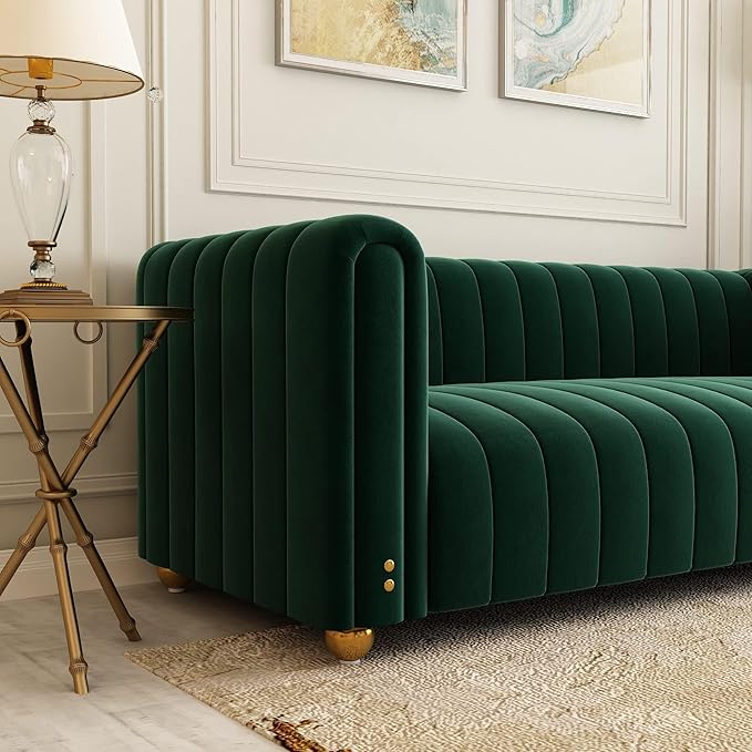 81 Green Velvet Sofa Mid Century Modern Couch for 3 Person Chesterfield Tufted Velvet Couches for Living Room Apartment Bedroom Office