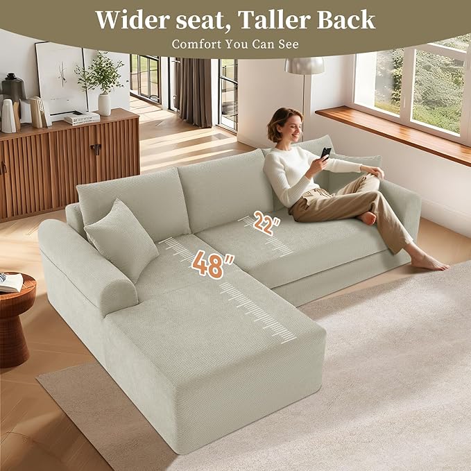 KBQ Modular Sectional Couch in a Box 103 L Shaped Boneless Cloud Couch with Deep Seat Convertible Sofa Bed for Living Room Bedroom Apartments No Assembly Required Beige Left Facing Chaise
