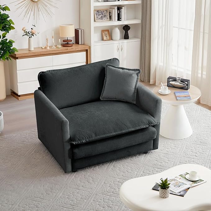 mikibama 41.4 W Single Seat Sofa Chenille Comfy Deep Upholstered Couch Armchair with Toss Pillow for Living Room Bedroom Office Apartment Grey