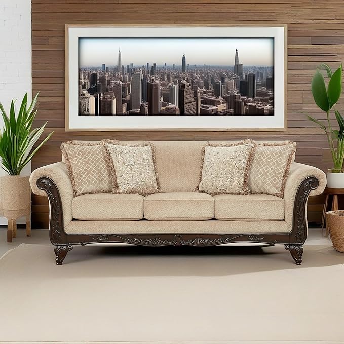 Hernen Carved Wood Frame Sofa Beige Wheat