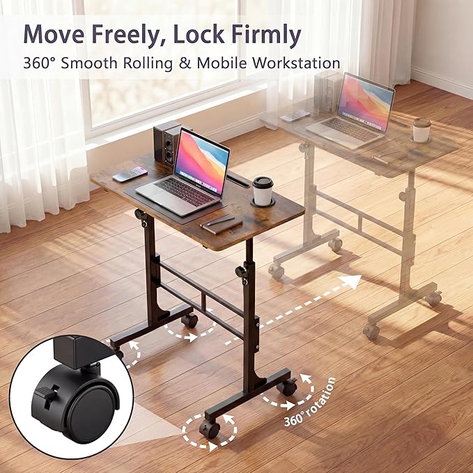 YESHOMY Standing Desk Adjustable Height 32 Inch Small Portable Rolling Desk with Wheels Cup Holder Tablet Upright Groove for Office Sofa Bedroom Rustic Brown