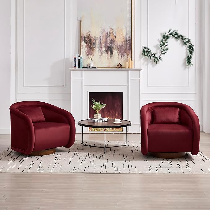Pumpkin-Shaped Swivel Accent Chair with 360° RotationTeddy Upholstered Barrel Armchair with Solid Wood Base for Bedroom Living Room (Wine Red)