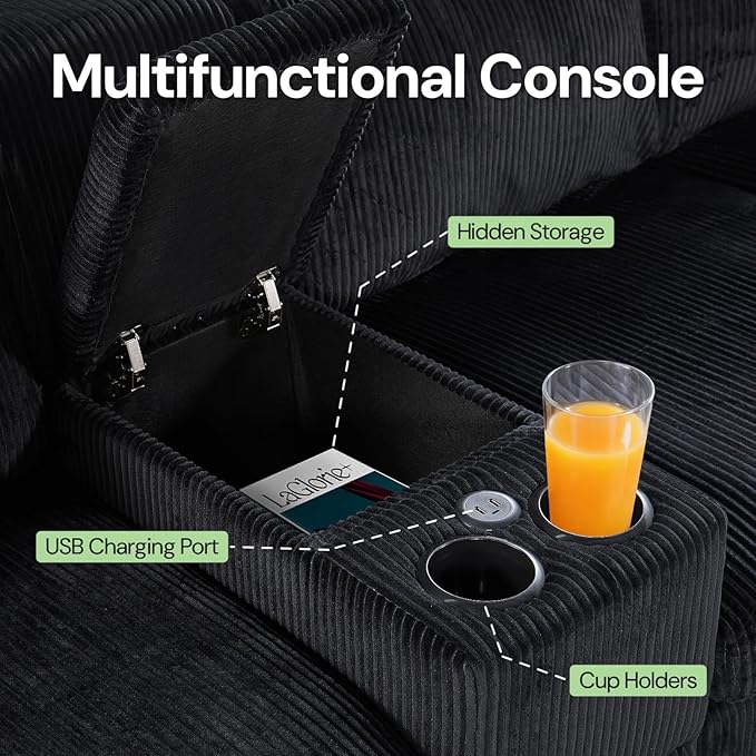 126 U Shaped Sofa Modular Sectional Sofa with Chaise Lounges Modern Couch with Storage Console USB Charging Ports &amp Cup Holders Corduoy Upholstered Deep Seat Couch for Living Room Black | st