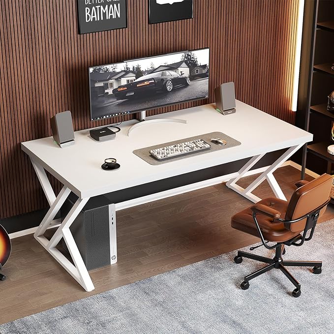 LVB Modern White Computer Desk Long Industrial Home Office Desk for Student Large Metal Wood Writing Study Work Desk Farmhouse Executive Gaming Computer Table for Bedroom Living Room White 60 in