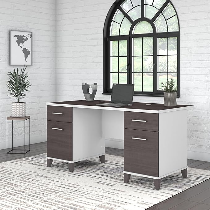 Bush Home 60-inch Home Office Desk with Drawers Large Computer Table with Storage Transitional Style Somerset Collection White and Storm Gray