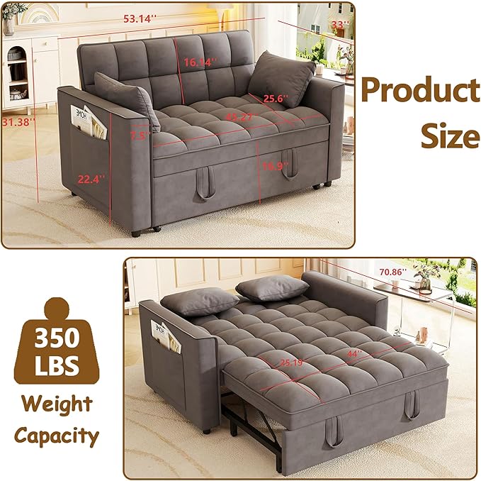 3 in 1 Convertible Sleeper Sofa Bed 52'' Velvet Pull Out Couch Bed with Comfy Pillows &amp Adjustable Backrest/Side PocketsFuton Loveseat Sleeper Sofa for Small Spaces Living Room Bedroom (Dark Gre
