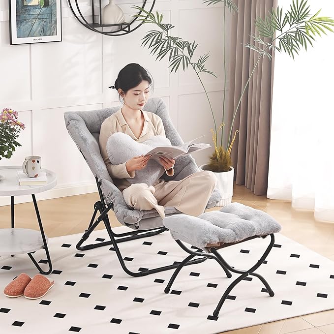 Comfy Saucer Chair with Ottoman Oversized Folding Faux Fur Chair Soft Furry Lazy Chair with Metal Frame Moon Chair Accent Chair for Bedroom Living Room Dorm Rooms Grey