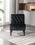 Velvet Accent Lounge Chair for Living Room Modern Leisure Chair with Tufted Backrest Indoor Armless Side Chair Upholstered Bedroom Sleeper Chair with Solid Wood Legs (Black)