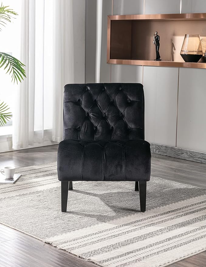 Modern Velvet Armless Accent Living Room Chair Leisure ChairUpholstered Fabric Button Comfortable Chair with Wooden Legs for Bedroom Living Room Office (Black Velvet)