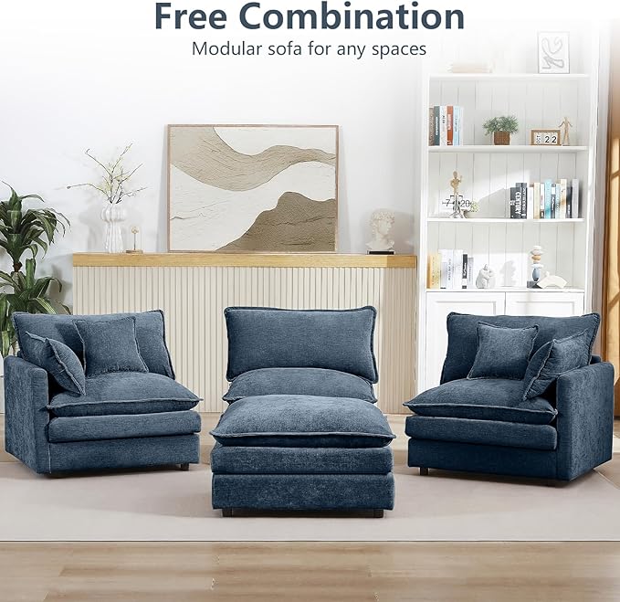 GNIXUU 102 Modular Sectional Sofa L Shaped Cloud Couch with Movable Ottoman &amp 4 Pillows Deep Seat Chenille 4 Seater Sectional Couches for Living Room Apartment (Blue)