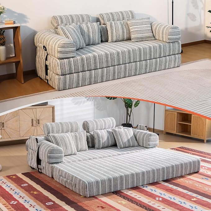 79 Corduroy Sofa Bed Sleeper Couch 6-in-1 Convertible Boneless Floor Futon Loveseat High-Density Foam Couch in a Box with 2 Headrest Pillows No Assembly Green and White