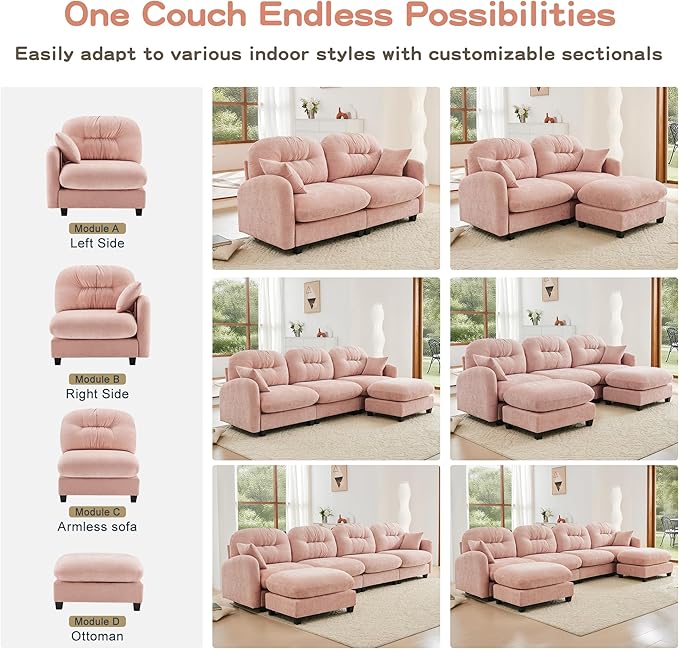 74 Modular Sectional Sofa Comfy Cloud Couch with 2 Ottoman Chenille Sofa Sleeper Deep Seat Sofas with Throw Pillows for Apartment-Pink