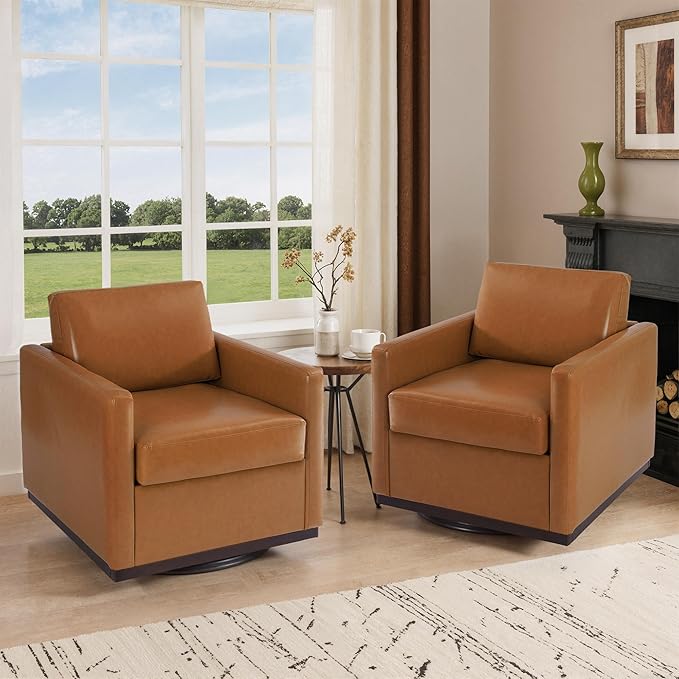 Swivel Barrel Accent Chair Mid Century Modern Arm Chair for Living Room Bedroom Comfy Club Reading Lounge Sofa Corner Chairs for Adults (Leather Light Brown Set of 1)