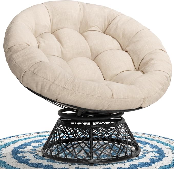 Bme 40 Ergonomic Wicker Papasan Chair with Soft Thick Density Fabric Cushion High Capacity Steel Frame 360 Degree Swivel for Living Bedroom Reading Room Lounge Sepia Sand - Black Base