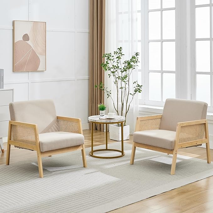 Mid Century Modern Accent Chair Comfy Living Room Chairs with Sturdy Wood Legs Rattan Backrest &amp Beige Thick Linen Cushion Armchair for Bedroom Balcony Apartment (Beige-A) 2 PCS