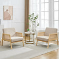 Mid Century Modern Accent Chair Comfy Living Room Chairs with Sturdy Wood Legs Rattan Backrest &amp Beige Thick Linen Cushion Armchair for Bedroom Balcony Apartment (Beige-A) 2 PCS