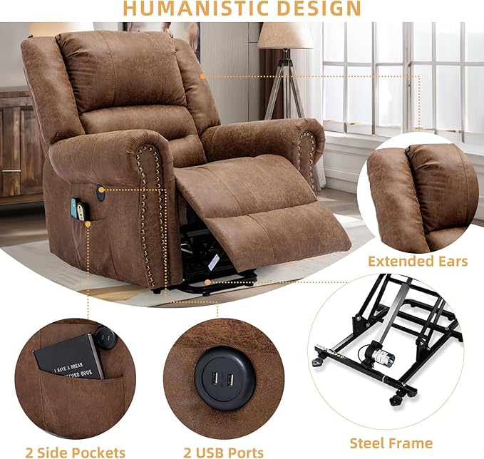 Electric Power Lift Recliner Chairs with Massage and Heat for Elderly Overstuffed Wide Ergonomic Lounge Chair Classic Single Sofa for Living Room with 2 Remote Control/USB Ports(Brown)