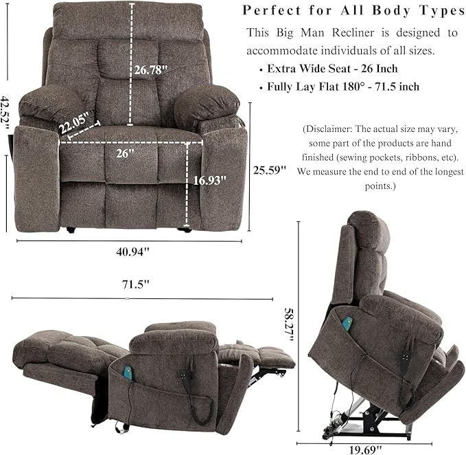 Dual Motor Lay Flat Lift Chairs Recliners - Extra Wide Big Man Recliner with Heat &amp Massage - Hidden Cup Holder - 400 lbs Capacity