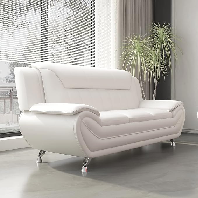 Michael Modern Faux Leather Upholstered Stainless Steel Legs Living Room Sofa Cream White