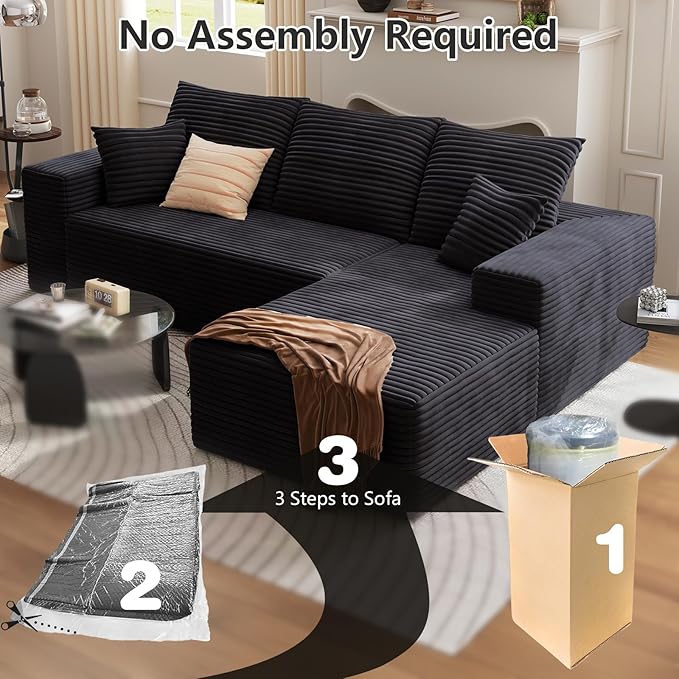 107 Cloud Sectional Couch with L-Shape Chaise Modern Modular Sofa with Deep Seat Corduroy Upholstered Couches for Living Room BedroomNo Assembly Required(Black Right Facing)