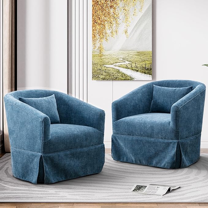 Swivel Accent Chair Set of 2 Comfy Modern Swivel Barrel Chair with Skirt 360°Upholstered Chenille Small Single Sofa Club Armchair for Living Room Bedroom Nursery Lounge Blue