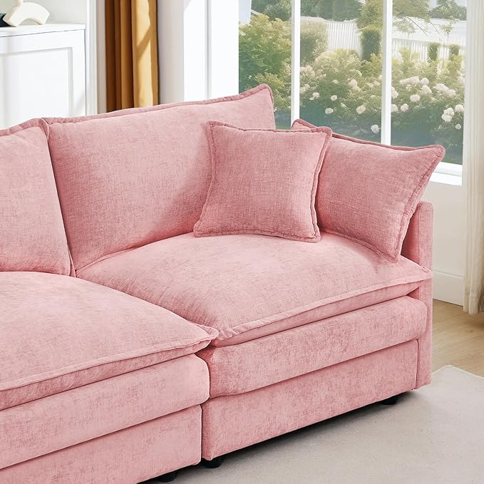 130 Pink Modular Sectional Sofa with Movable Ottoman Convertible L Shaped Chenille Cloud Couch Oversize Comfy 4-Seater Deep Seat Sofa Couches for Living Room Apartment (Pink 130)