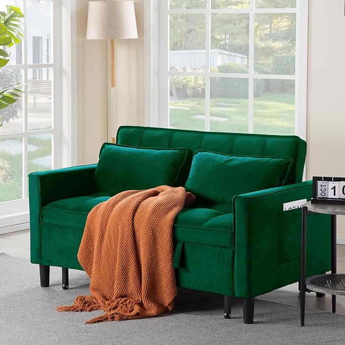 3 in 1 Convertible Sofa Bed Love Seat Sleeper Bed with Side Pockets Velvet Fabric Pull Out Couch with Adjustable Backrest for Living Room Bedroom Apartment Dark Green