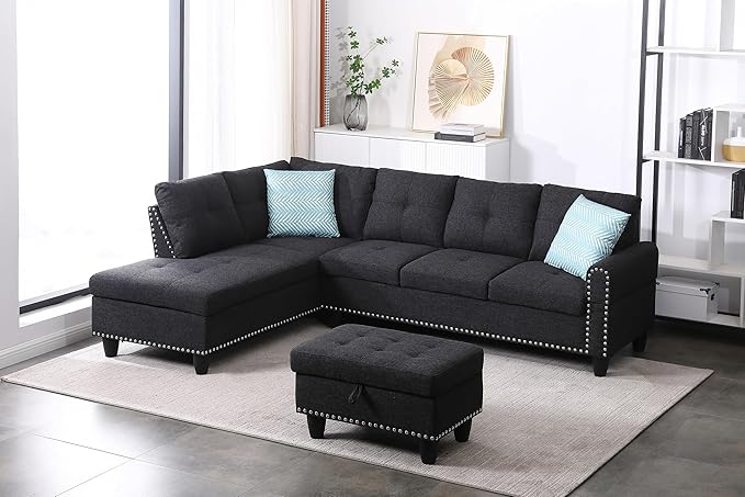 98 Left Hand Facing Sofa with Ottoman and Manufactured Wood FrameL-Shaped Design Sectional Chaise W/Rounded Arms &amp Nailhead Trimfor DormApartmentStudioOfficeCharcoal Grey