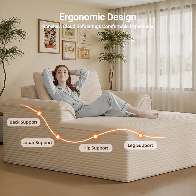 68 Overized Boneless Chaise Lounge Chair IndoorDeep Seat Sleeper Sofa Cloud Couch with PillowComfy Corduroy Boneless Cloud Seat for Living Room Apartment Office(Khaki Oversized Chaise Lounge)