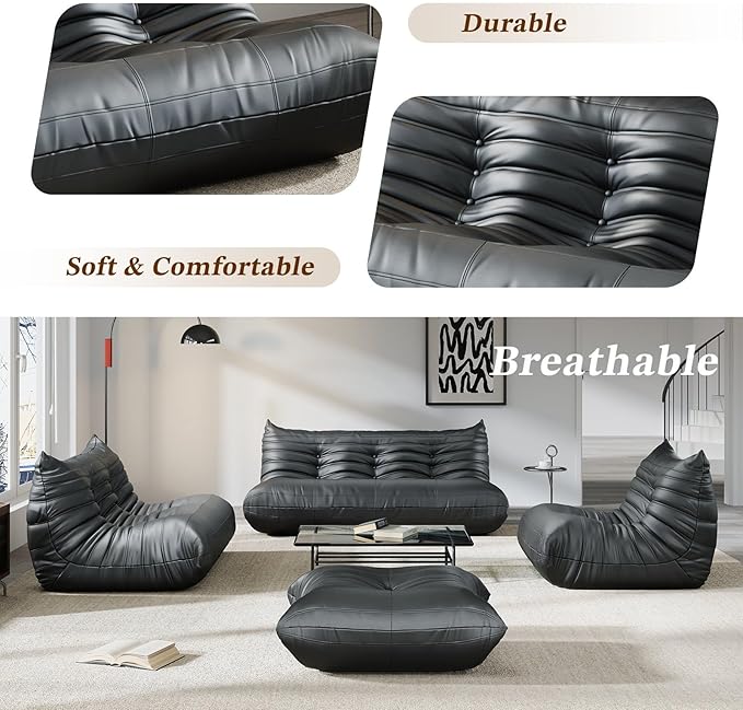Comfy Lazy Floor Sofa CouchSoft Armless ChairFaux Leather Lounge ChairCorner Relax Sofa Couch for Living Room BedroomSalon OfficeAdults((Black+3P+ Ottoman)